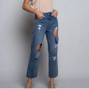 POL Destroyed Distressed Frayed Raw Hem High Rise Straight Denim Jeans Small